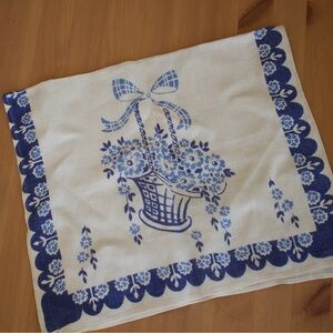 Vintage Blue Kitchen Linen with Floral Basket and Trim
